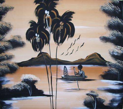 AFRICAN PAINTING - Acrylic Hand Painted Art Fisherman on boat **READY TO HANG** 41.5cm x 36.5cm