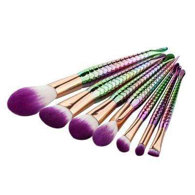 7 PIECE MAKEUP BRUSH SET - RAINBOW COLOUR MERMAID HANDLES,PURPLE BRISTLES