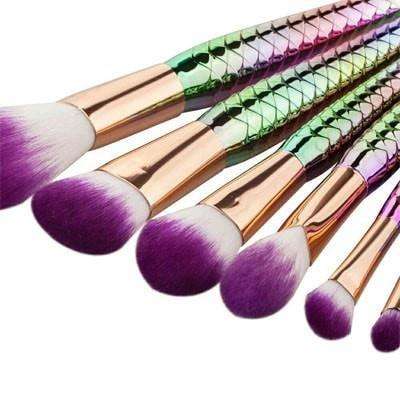 7 PIECE MAKEUP BRUSH SET - RAINBOW COLOUR MERMAID HANDLES,PURPLE BRISTLES