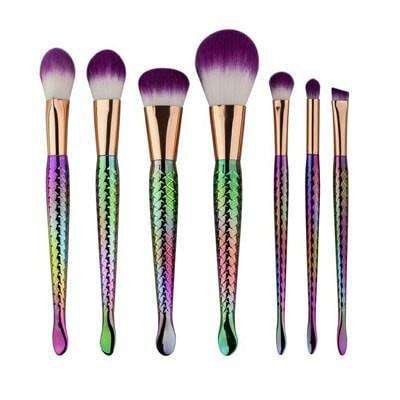 7 PIECE MAKEUP BRUSH SET - RAINBOW COLOUR MERMAID HANDLES,PURPLE BRISTLES
