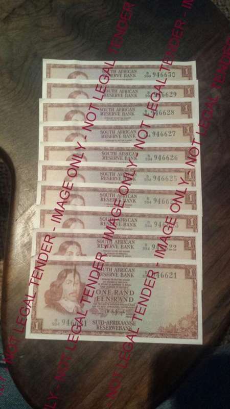 56 off Uncirculated TW De Jongh R1 notes - 3 sets of consecutive serial numbers - 1 lot