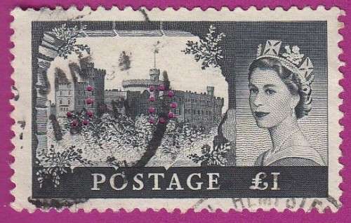 Great Britain - 1955 - Queen Elizabeth II - Castles  £1, Perfin
