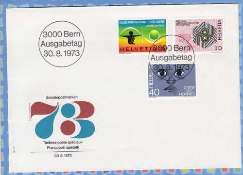 Switzerland  1973  FDC Clock Museum, Alpine Skiing Championships, Childrens aid Program