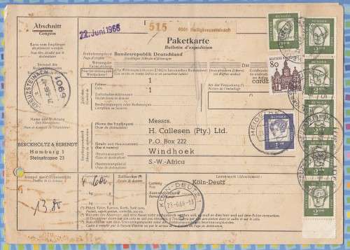 Germany on (Cover) Paketkarte to SWA - 1966 (1961) - Hauptmann Droste-Hulshoff