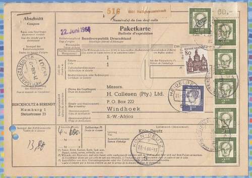 Germany on (Cover) Paketkarte to SWA - 1966 (1961) - Hauptmann Droste-Hulshoff