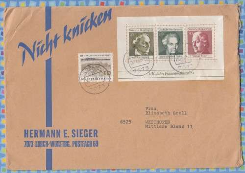 Germany West on Cover - 1969 - 50th anniversary of universal women's suffrage