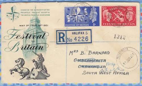 Great Britain Registered FDC Cover South West Africa SWA - 1951 - HALIFAX Festival of Britain