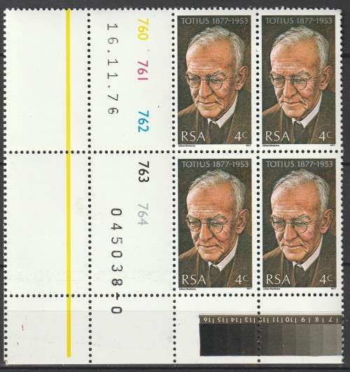 South Africa RSA - 1977 - Totius Dr Jacob du Toit - Control Block of 4