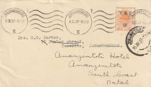 ORC OFS Orange Free State VRI - 1900 (1937) - on Cover used in Johannesburg during Union period