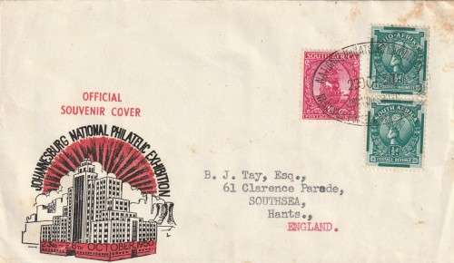Union of South Africa - 1950 (1943) - Coils on cover Johannesburg National Philatelic Exhibition