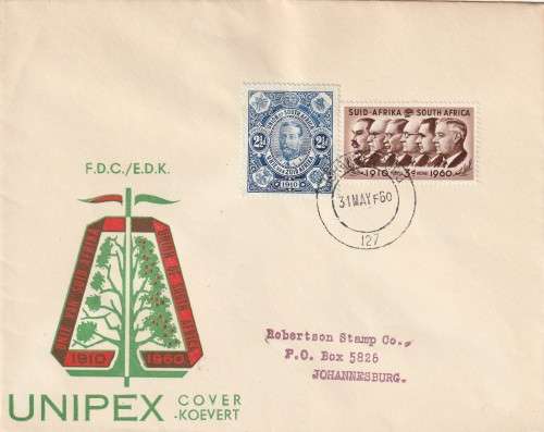 Union of South Africa (FDC) - 1960 - Prime Ministers and King George on Unipex Cover x2