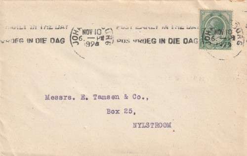 Union of South Africa cover - 1924 (1913) - King George V Slogan Post Early in the day