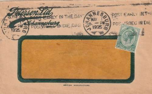 Union of South Africa cover - 1925 (1913) - King George V Slogan Post Early in the day