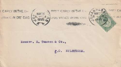 Union of South Africa cover - 1924 (1913) - King George V Slogan Post early in the day