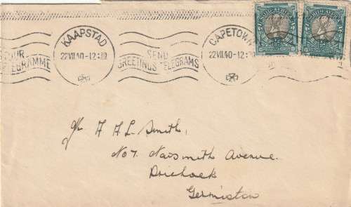 Union of South Africa Cover - 1940 - Slogan - Send Greetings Telegrams