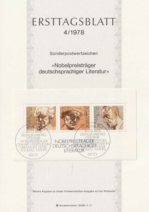 Germany West Federal - 1978 - Nobel Literature Prize Winners - Miniature Souvenir sheet
