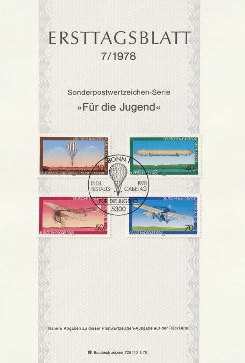 Germany West Federal - 1978 - Aircraft Airship Balloon monoplane Aviation - Complete Set