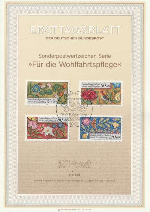 Germany Berlin West Federal - 1985 - Medieval prayer book Prussian State Library Fauna and Flora Set