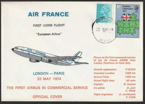 Great Britain Flight Cover - 1974 - Air France London to Paris First Airbus in Commercial Service