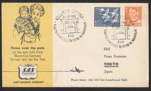 Sweden Denmark Norway Flight Cover - 1957 - SAS Scandinavian Airline System Polar flight to Japan