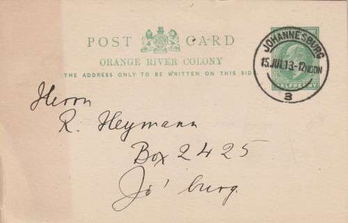 ORC OFS Orange River Colony - 1913 - PostCard Postal Stationery used Johannesburg