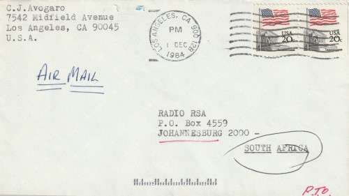 United States of America USA - 1984 - Postmarks Mail Incorrectly routed to Johannesburg California