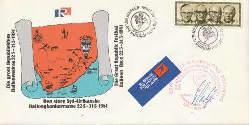 South Africa RSA - 1981 - Balloon Flight Cover Signed Republic Festival Johannesburg to Durban