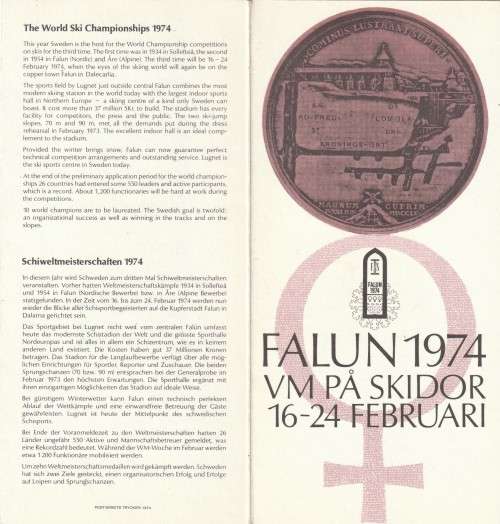 Sweden - 1974 - Sport Skiing - First Day Folder