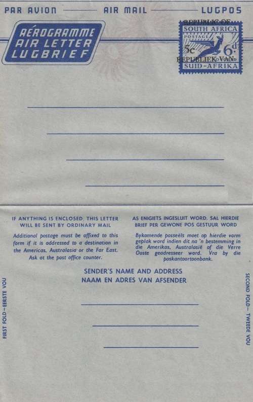 South Africa RSA - 1961 - Greetings Aerogramme Air Letter Lugbrief Union OverPrint Republic