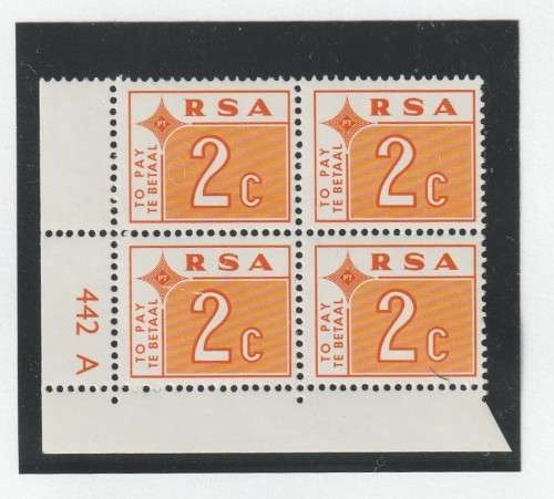 South Africa RSA - 1972 - 2c Postage Due Control Block with Variety
