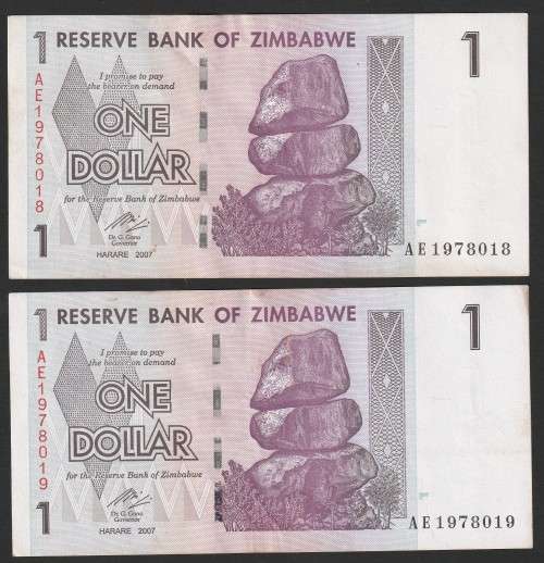 Zimbabwe - 2007 - $1 Dollar Dollars Gono - Circulated - Range AE - 2 Notes in Sequence