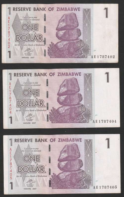 Zimbabwe - 2007 - $1 Dollar Dollars Gono - Circulated - Range AE - 6 Notes (almost) in Sequence