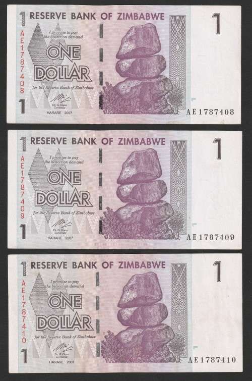Zimbabwe - 2007 - $1 Dollar Dollars Gono - Circulated - Range AE - 6 Notes (almost) in Sequence
