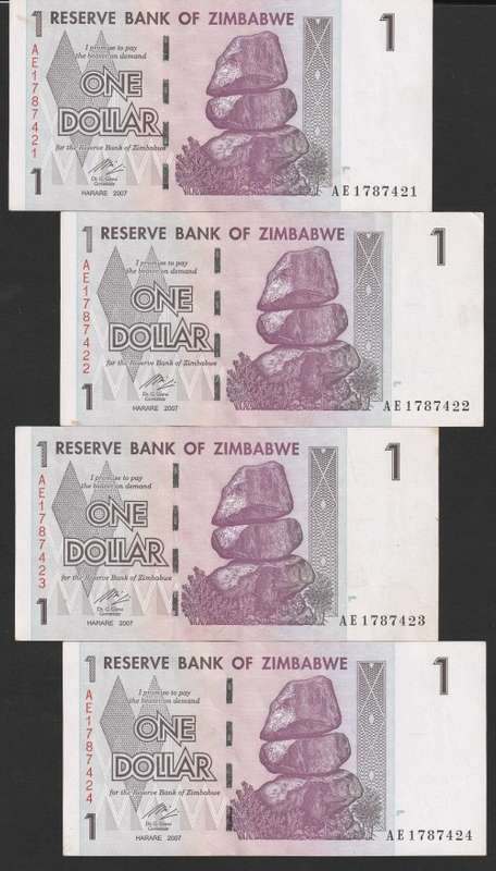 Zimbabwe - 2007 - $1 Dollar Dollars Gono - Circulated - Range AE - 4 Notes in Sequence