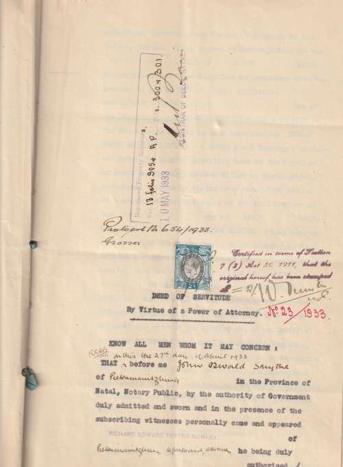 South Africa Union - 1933 - 2Sh Revenue Deed of Servitude with Seal in tact