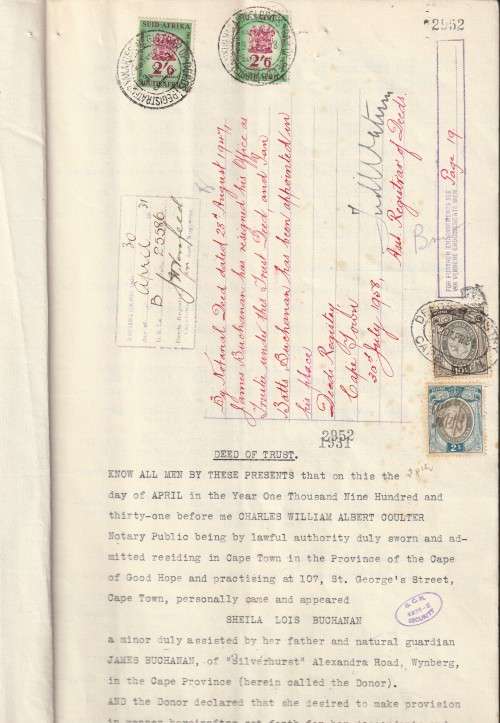 South Africa Union - 1958 Revenue KGVI and Coat of Arms Trust Deed