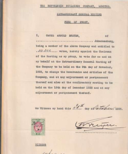 South Africa Union - 1935 - 2d Revenue Appointment of Proxy BettelHeim Buiding Company