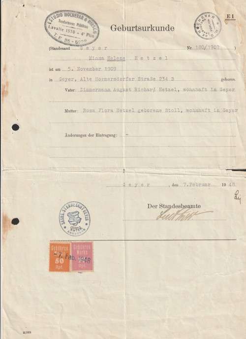 Germany - 1948 - Revenue Geburtsurkunde Birth Certificate Gebuhren Marke Geyer