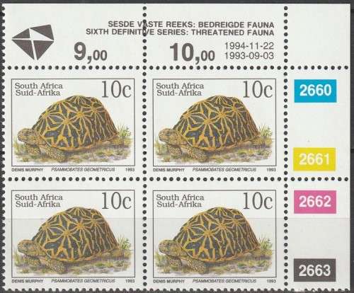 South Africa RSA - 1993 (1994) - Sixth 6th Definitive Endangered Fauna - 10c Geometric Tortoise