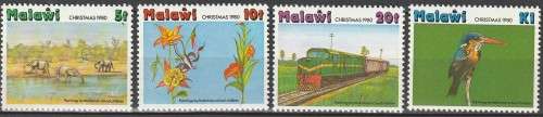 Malawi - 1980 - Christmas Paintings by Children Birds Elephants Flowers Trains