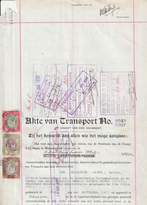 South Africa Union - 1927 - Revenue usage on Akte van Transport