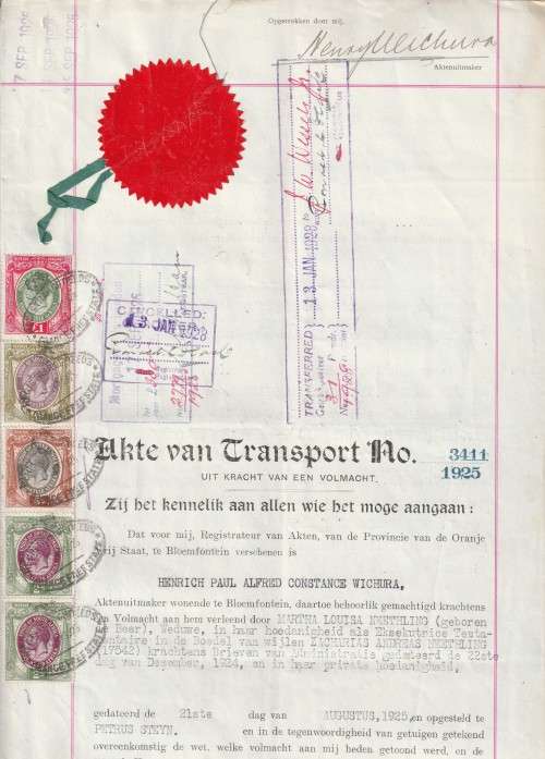 South Africa Union - 1925 - Revenue usage on Akte van Transport