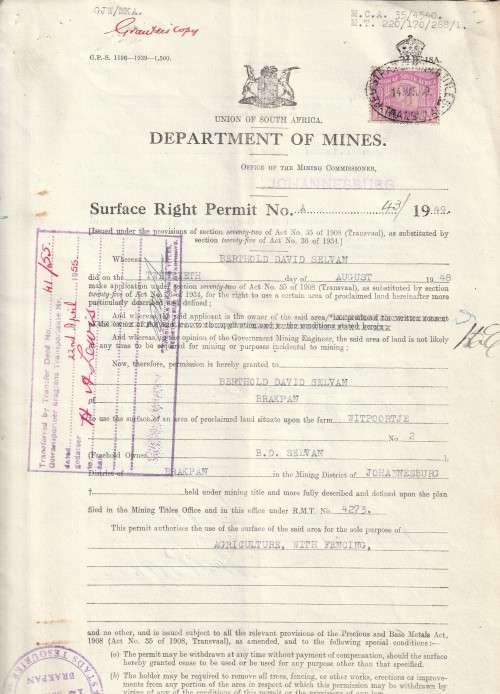 South Africa Union - 1949 - Department of Mines Revenue usage on Surface Right Permit