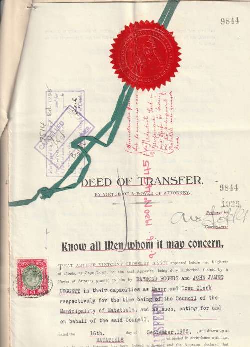 South Africa Union - 1925 - Revenue Usage on Deed of Transfer