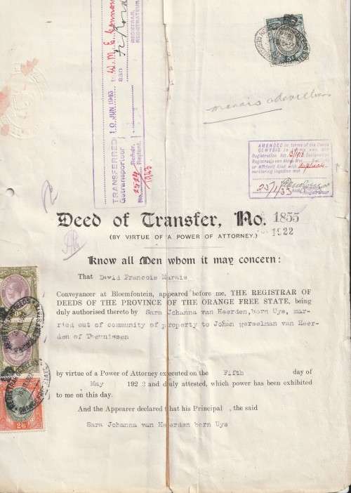 South Africa Union - 1922 1933 - Revenue Usage on Deed of Transfer