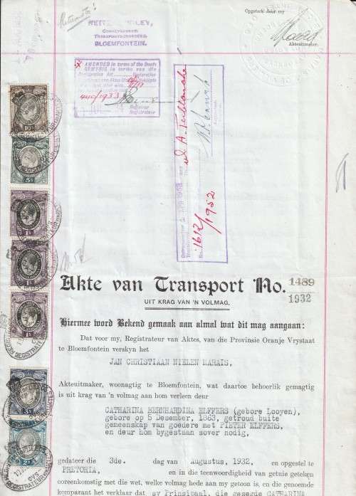 South Africa Union - 1952 - Revenue Usage on Akte van Transport