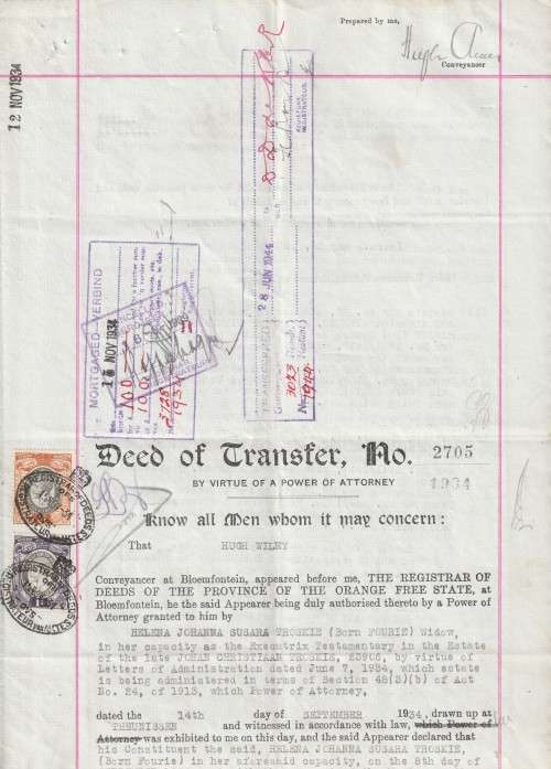 South Africa Union - 1934 - Revenue Usage on Deed of Transfer