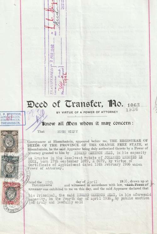 South Africa Union - 1936 - Revenue Usage on Deed of Transfer