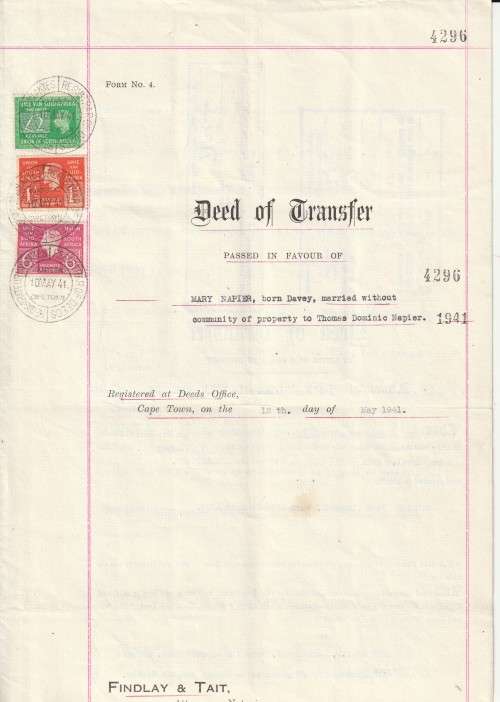South Africa Union - 1941 - Revenue Usage on Deed of Transfer