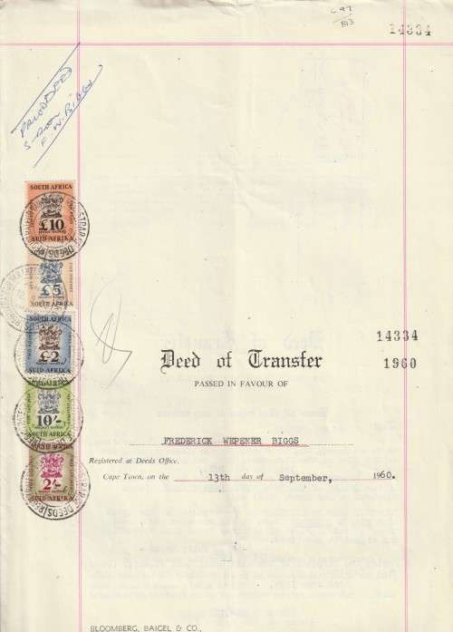 South Africa Union - 1960 - Revenue Usage on Deed of Transfer